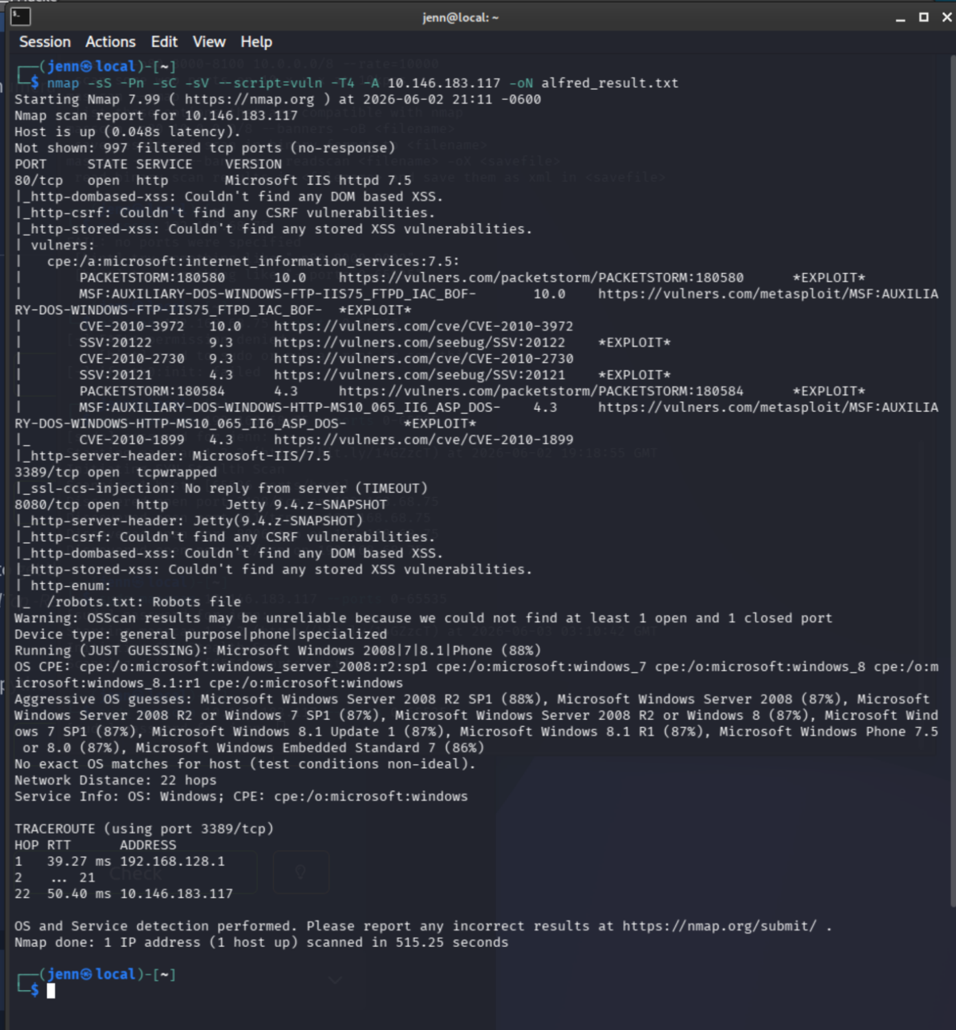nmap results showing ports 80, 3389, and 8080 open